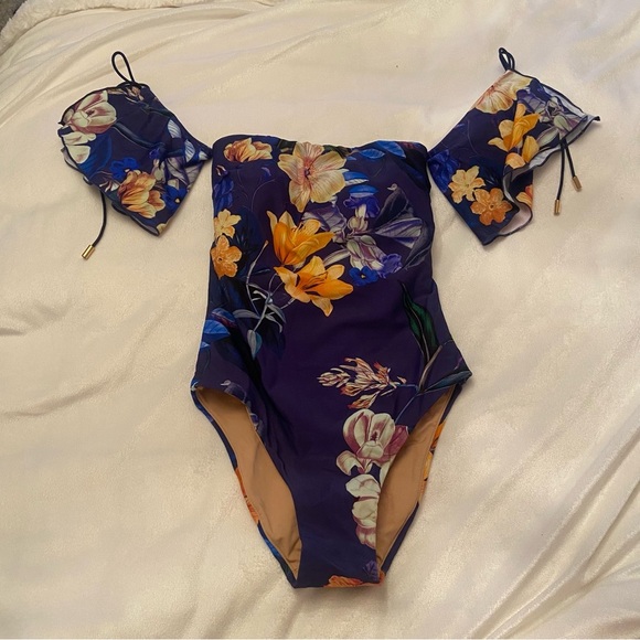 New! Ochie Midnight Floral Olivia Off Shoulder One Piece Swimsuit 3518 - Picture 5 of 9